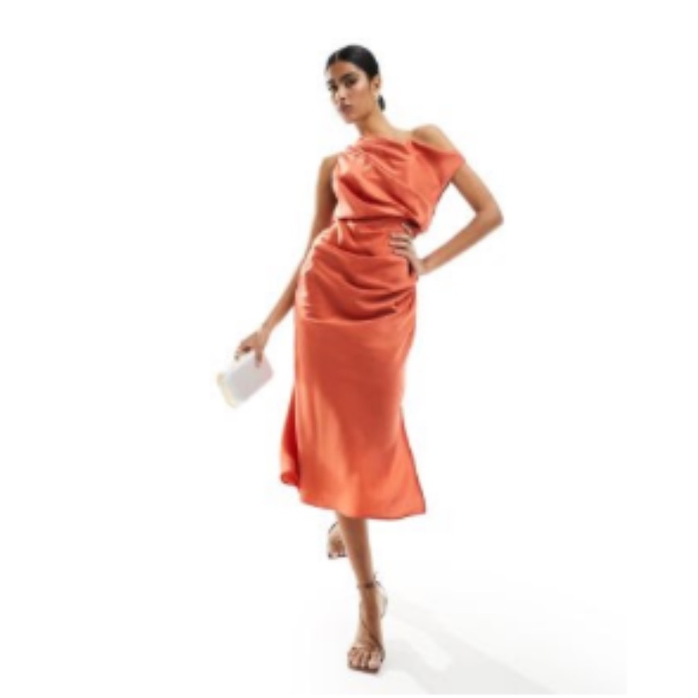 ASOS Satin Off Shoulder Drape detail Midi Dress in RUST